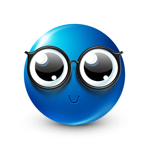 Blue emoji with nerd glasses and a smart smile









