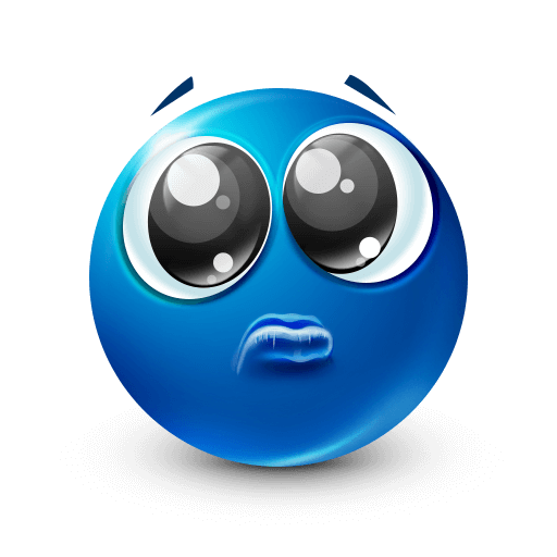 Blue emoji with begging eyes and a soft look









